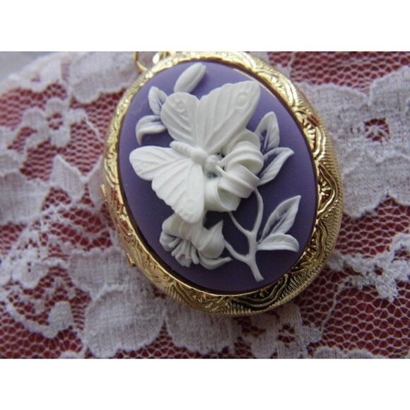 Locket Purple Lavender & White Butterfly Necklace - Picture 1 of 5